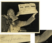 Harry Truman Twice-Signed 10 x 8 Photograph, Famously Showing Truman Holding Up the Dewey Defeats Truman Newspaper -- Original UPI Press Photo -- With University Archives COA